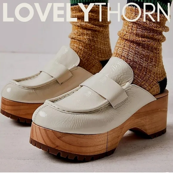FREE PEOPLE // ltd ed corbin patent leather loafer wooden platform clog slides - Picture 8 of 10